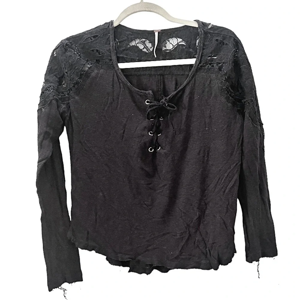 Free People‎ Jennie Lace Up Sheer Lace Shoulder Long Sleeve Top Black XS